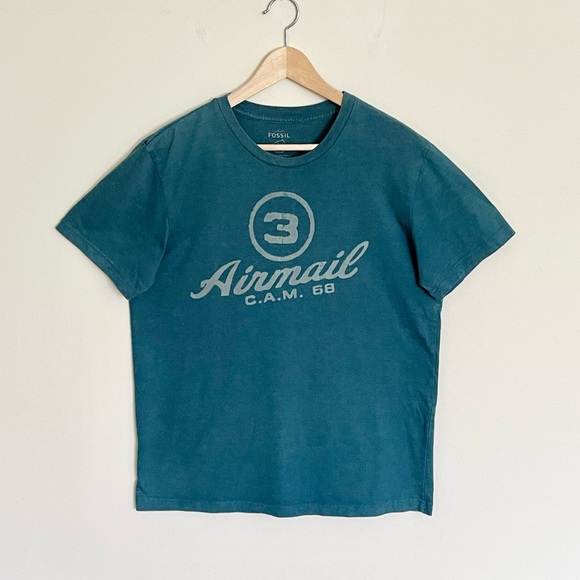 Vintage Fossil #3 Airmail Font Graphic Dark Teal T Shirt Men’s size Large - Picture 2 of 9